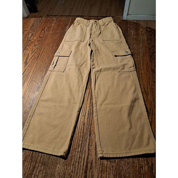 Shein Petite XXS Tan Khaki Cotton Cargo Pants Bootcut Elastic Waist Pockets - Picture 1 of 3